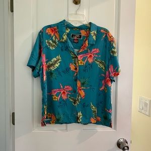 La Cabana All Night Long Hawaiian Men's Shirt Size Large 100% Rayon Blue & Flora